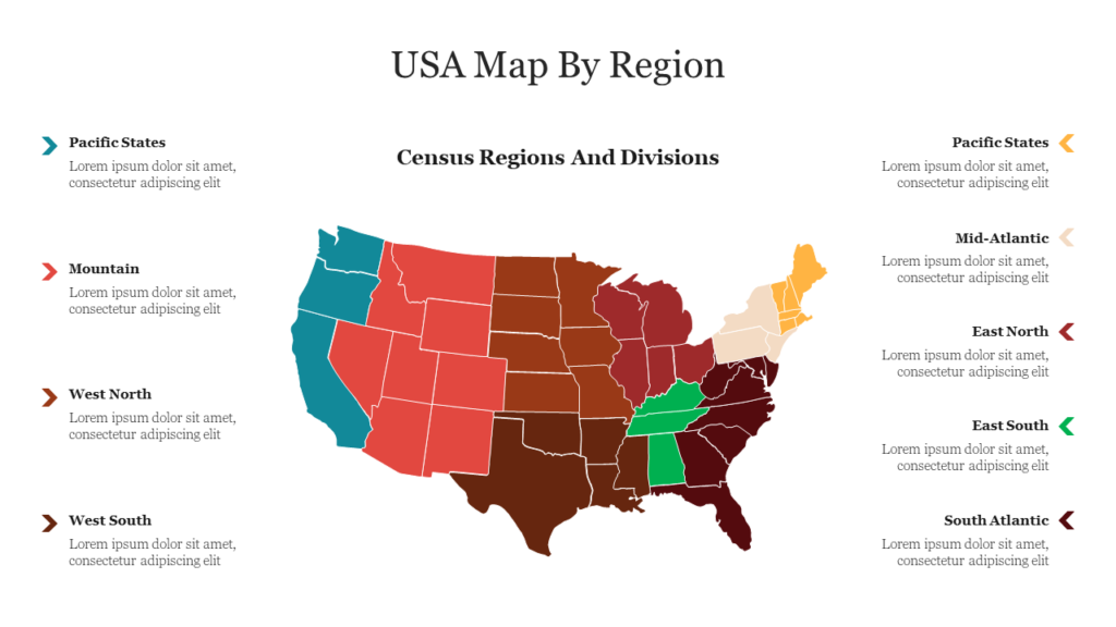 USA map by region with color-coded census divisions, highlighting Pacific, Mountain, North, South, and Mid-Atlantic regions.