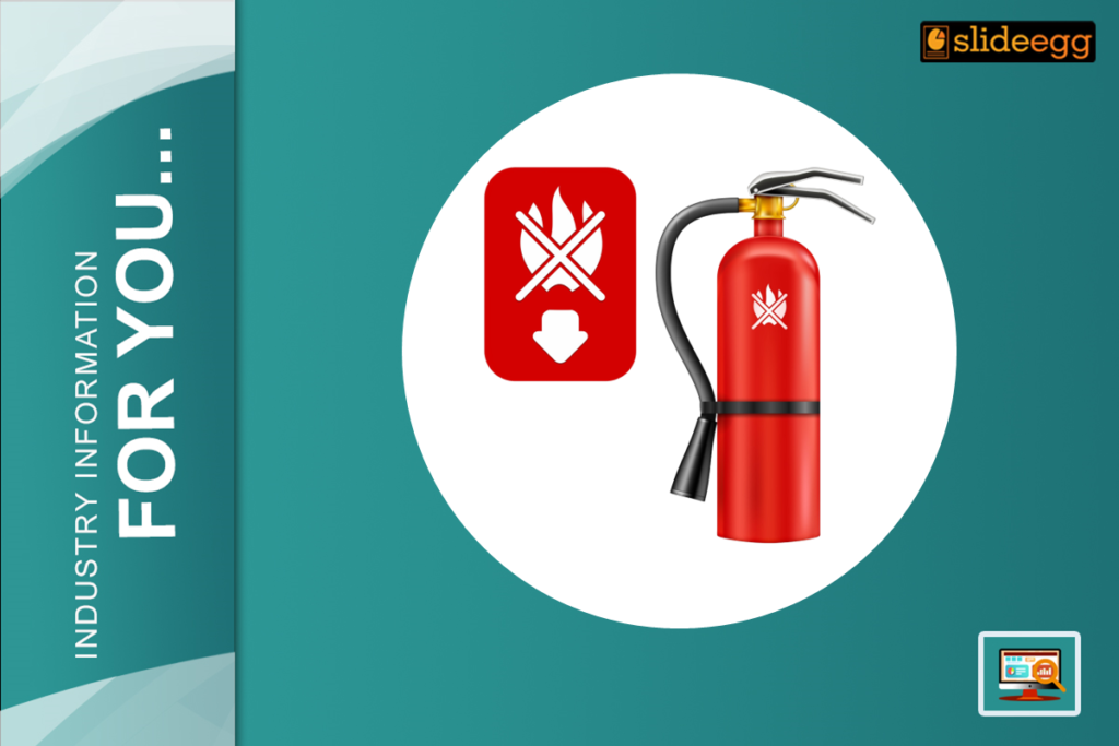 Fire safety PowerPoint slide featuring a red fire extinguisher and a no-fire hazard sign on a teal background.