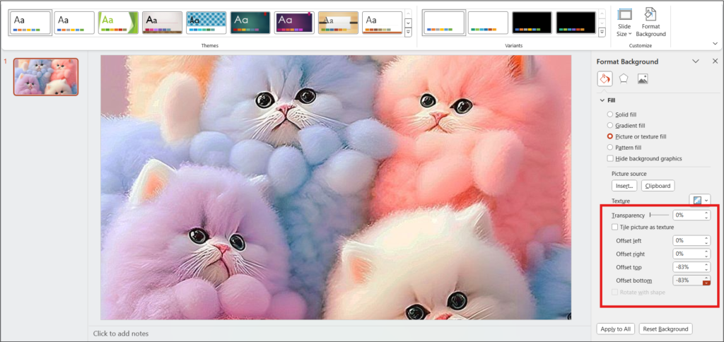 PowerPoint slide featuring fluffy kittens background with 'Format Background' settings for transparency and offsets.