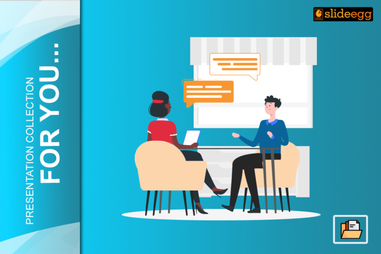 Illustration of two professionals in a discussion, sitting across a table with speech bubbles, ideal for a business PPT slide.