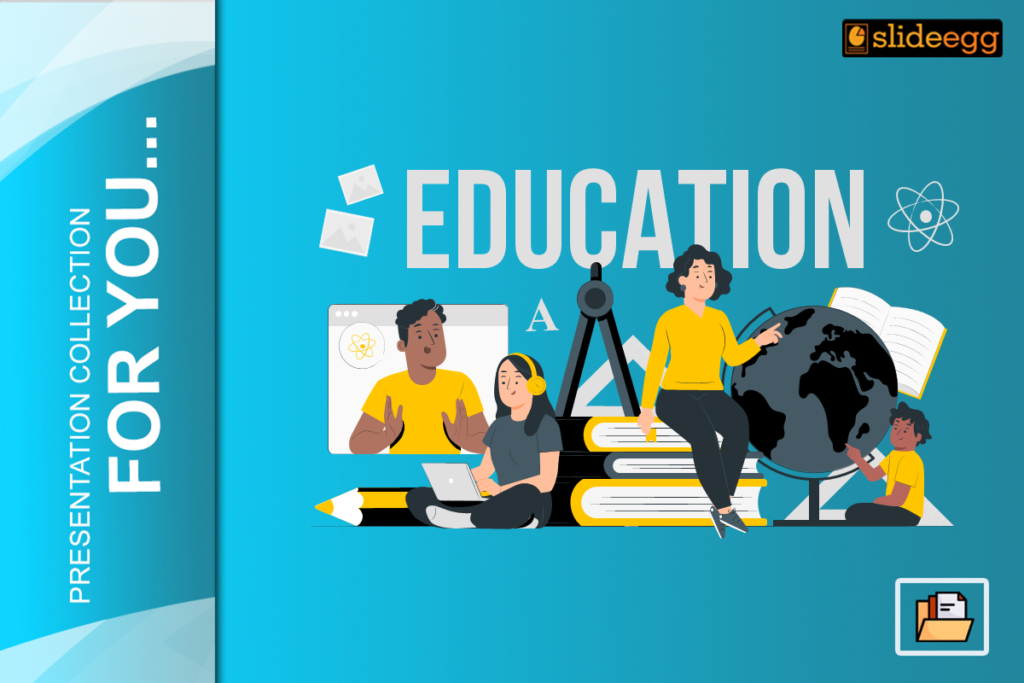 Illustrated education-themed banner showcasing diverse learners, books, and tools, emphasizing knowledge and collaboration.