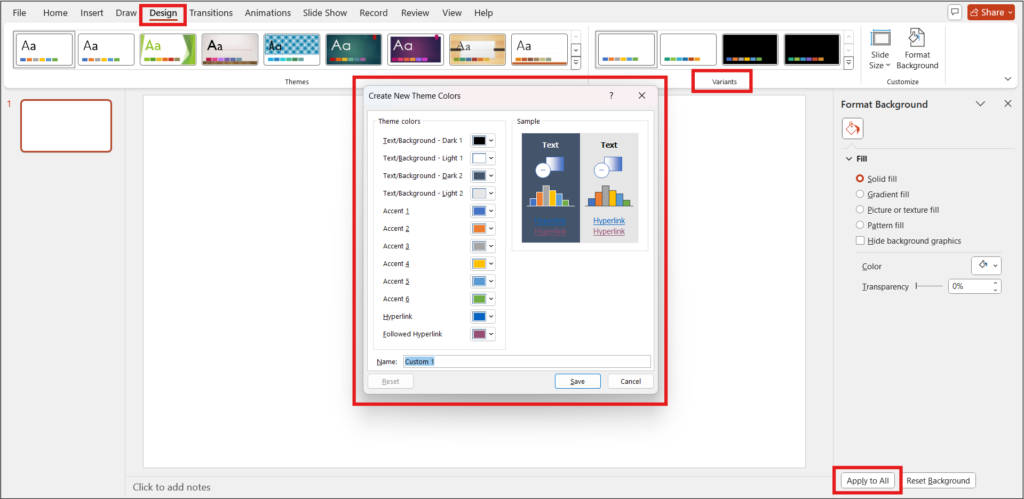 PowerPoint Design tab with custom theme colors dialog blox, and Format Background pane with 'Apply to All' highlighted.