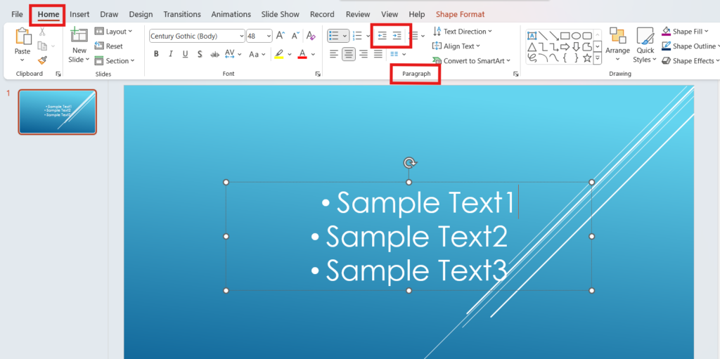 A PowerPoint slide with a blue background showing text indentation options in the Home tab's Paragraph section.