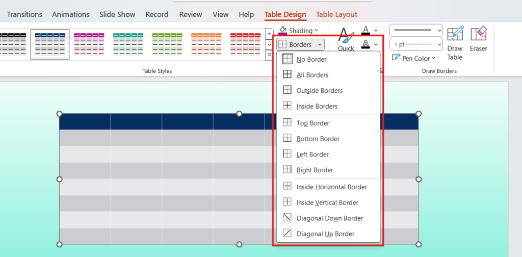 'Borders' dropdown menu in the 'Table Design' tab of PowerPoint, highlighting various border options for tables.