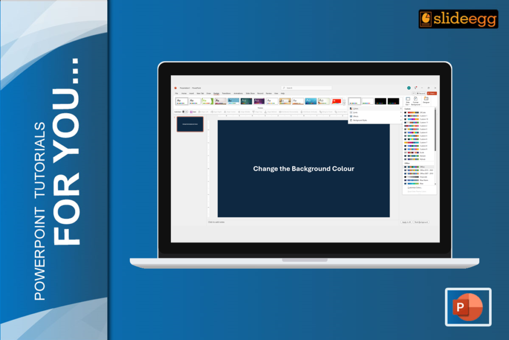 Banner for "How to Change Background Image and Color in PowerPoint" showing colorful slides and steps for customization.