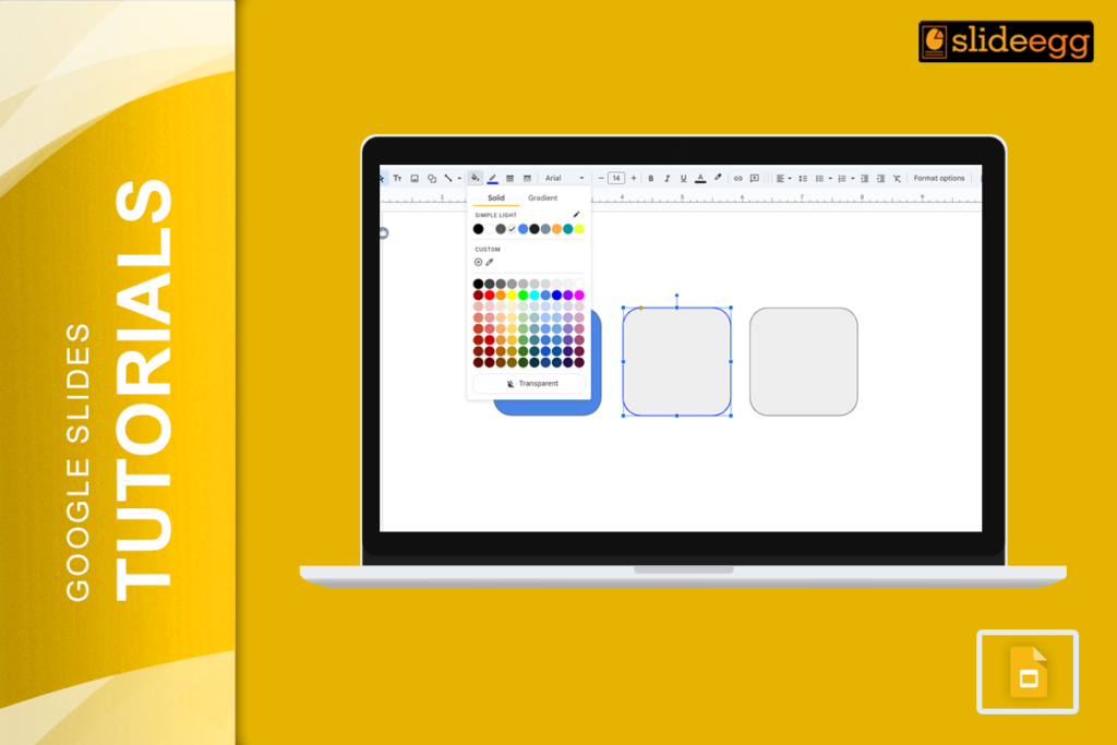 Google Slides tutorial with a color palette on yellow background, focuses on customizing a rounded rectangle shape's color.