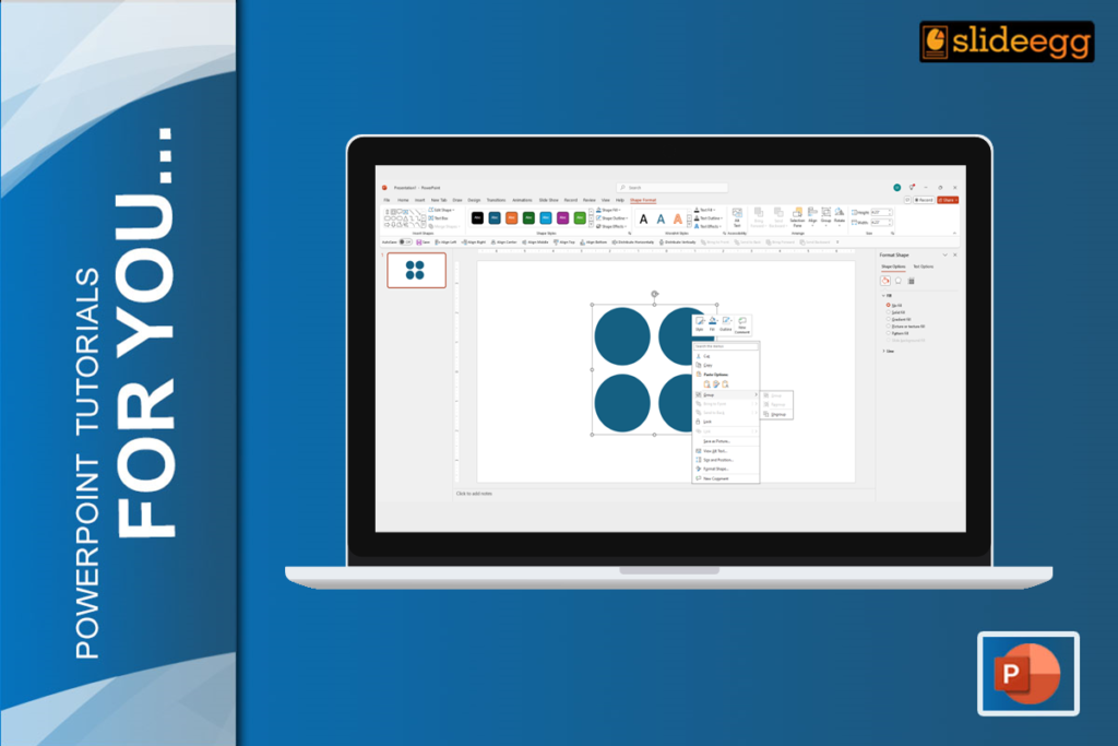 Blog banner: "Group, Ungroup, Regroup Elements in PowerPoint" with a laptop displaying PowerPoint on a blue background.