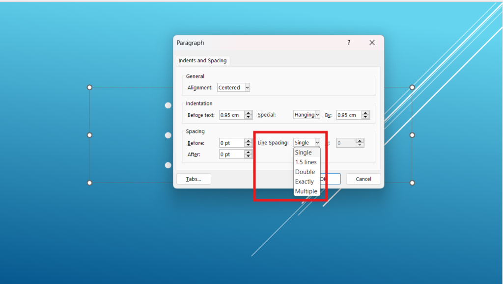 'Paragraph' settings window in a PowerPoint with options for line spacing, including Single, 1.5 lines, Double, etc.