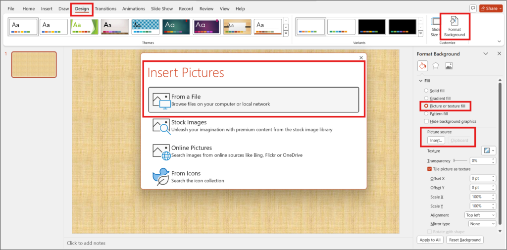 PowerPoint Format Background pane with options to insert a picture for background fill, featuring various sources.