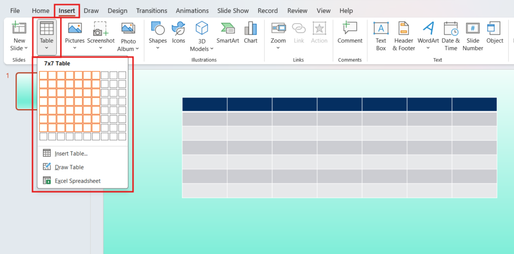 PowerPoint Insert tab with Table dropdown menu opens, showing a 7x7 table grid and options to insert, draw, or use Excel.