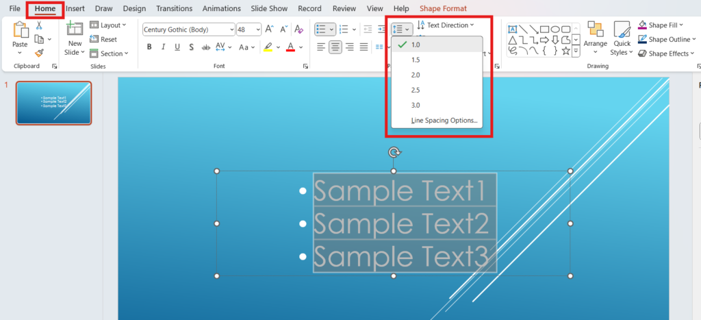 PowerPoint slide with text box selected, showing line spacing options under the Home tab.