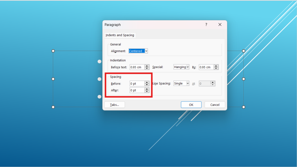 A 'Paragraph' settings window in a text editor with 'Spacing' options highlighted, showing 'Before' and 'After' set to 0 pt.