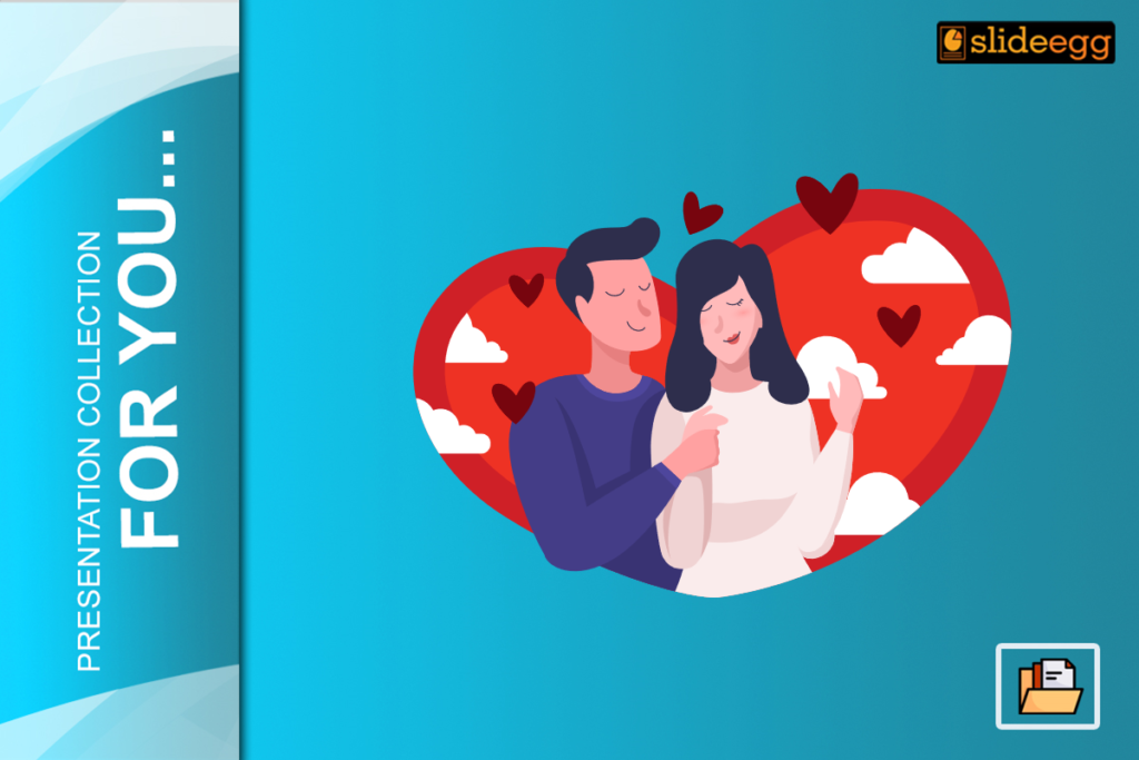 Romantic Valentine's Day slide with a couple embracing, red heart background, love symbols, and a modern blue theme