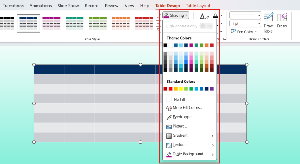 PowerPoint interface displaying a table with a blue header row. The Shading menu is open with various color options.