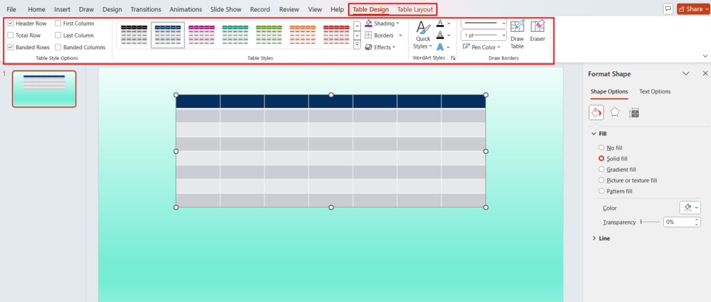 PowerPoint slide showcasing a table with the Table Design tab open, highlighting various style options and formatting tools.