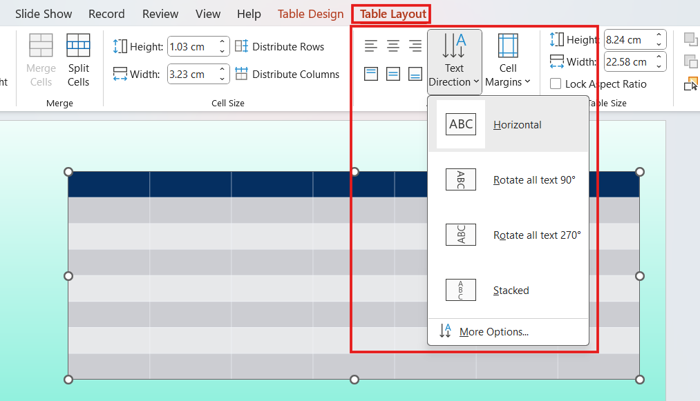 PowerPoint interface highlighting the Table Layout tab, showing options for alignment and text direction.