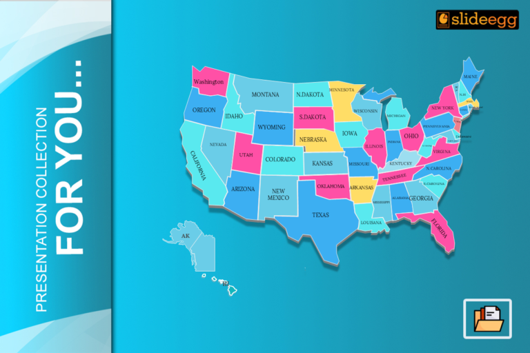 Colorful United States map PPT slide with labeled states, ideal for geographic and data visualization presentations.