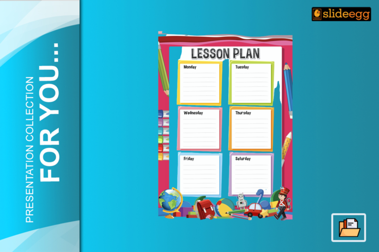 Colorful lesson plan PowerPoint slide with sections for each weekday, featuring school supplies and educational graphics.