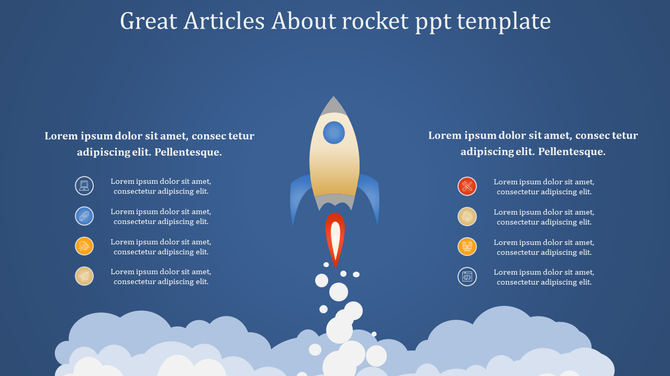 Rocket-themed PPT template with a launch illustration, clouds, and bullet points for presenting key information visually.