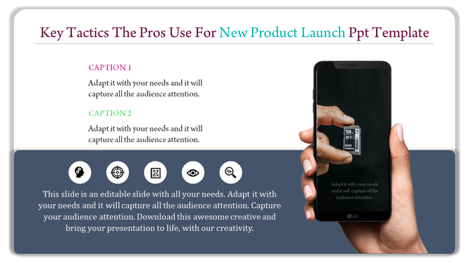 Modern product launch PowerPoint template with a smartphone display, captions, and icons for a professional presentation.