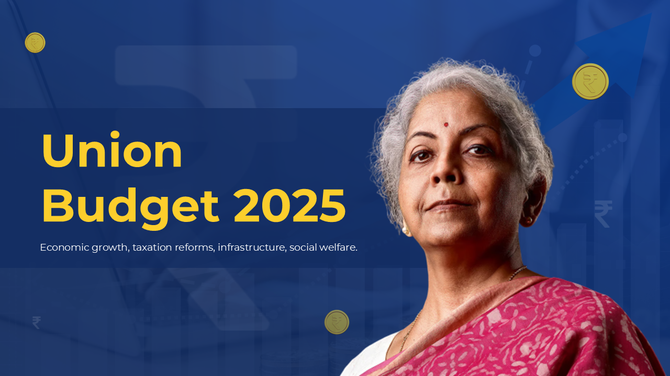 Union Budget 2025 slide featuring a prominent leader, highlighting economic growth, taxation, and infrastructure.