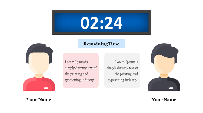 The slide illustrates two faceless characters with a countdown timer showing 02:24, indicating remaining time.