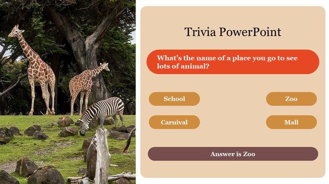 Trivia slide with a zoo-themed question, multiple-choice answers, and an image of giraffes and a zebra in nature.