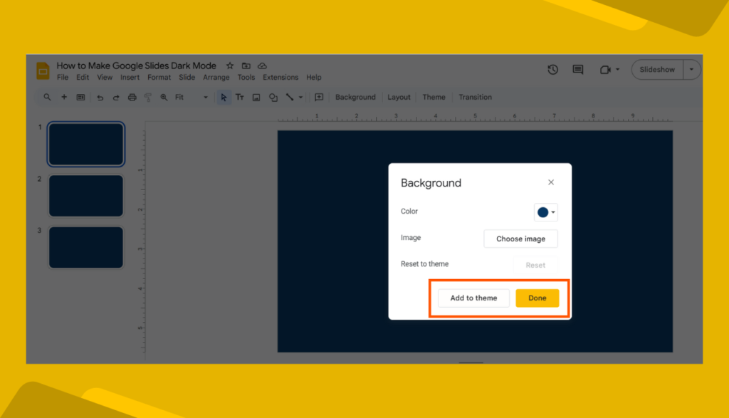 Applying Theme Color for All the Slides Option in Google Slides