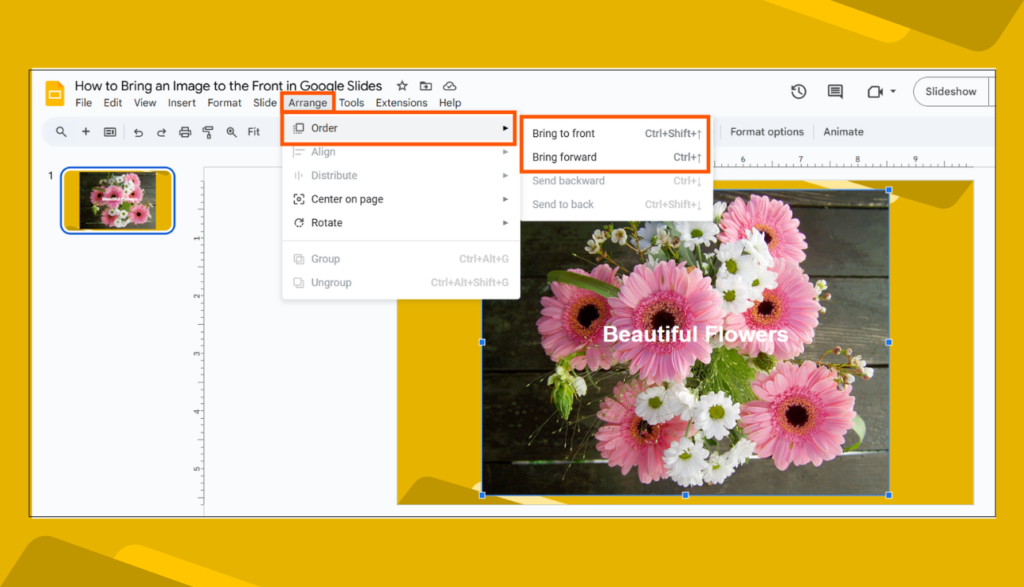 Google Slides menu showing Arrange, Order, and Bring to front over a flower image.