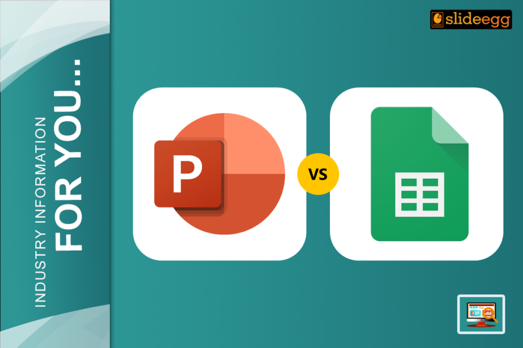 PowerPoint vs. Spreadsheets comparison slide showing icons of both tools with a "VS" symbol, representing a software choice.