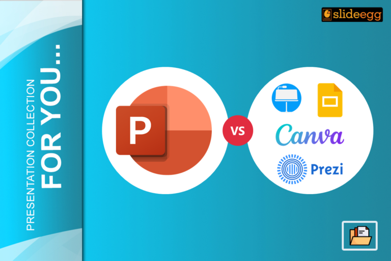 PowerPoint vs. Canva, Prezi, Keynote, and Google Slides comparison graphic, highlighting presentation software differences.