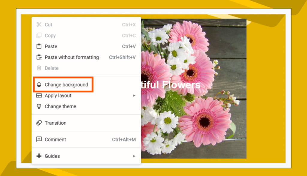 Google Slides context menu over a flower image, showing Change Background Option.