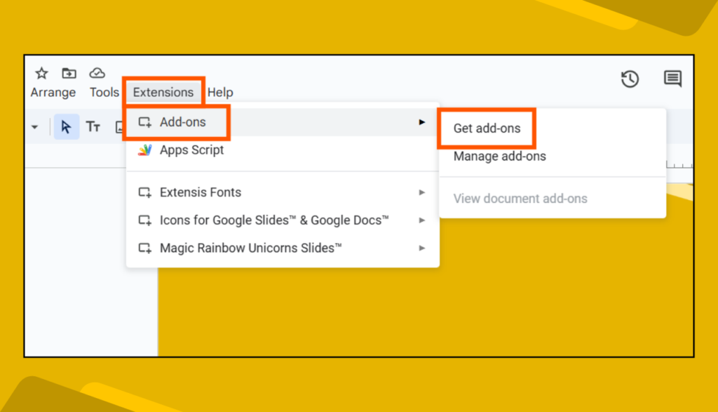 Extensions > Add-ons Menu in Google Slides