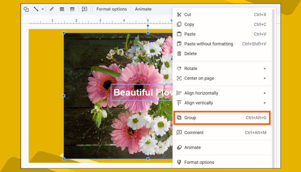 Google Slides context menu showing Group options over an image of pink and white flowers.