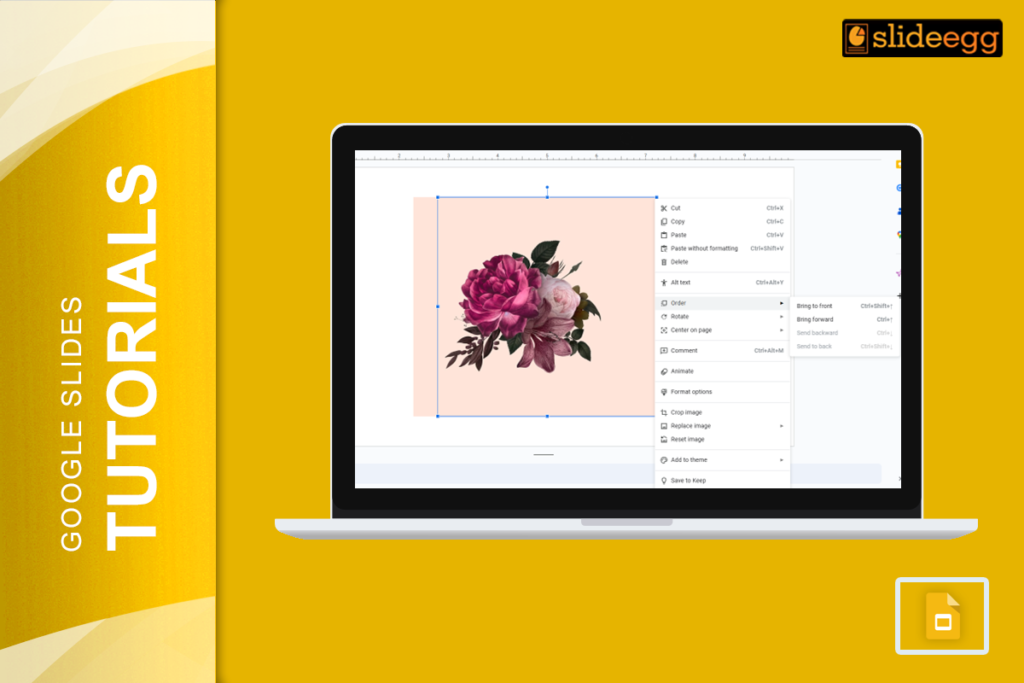 Google Slides tutorial: a laptop displaying a slide with a floral image and editing menu.