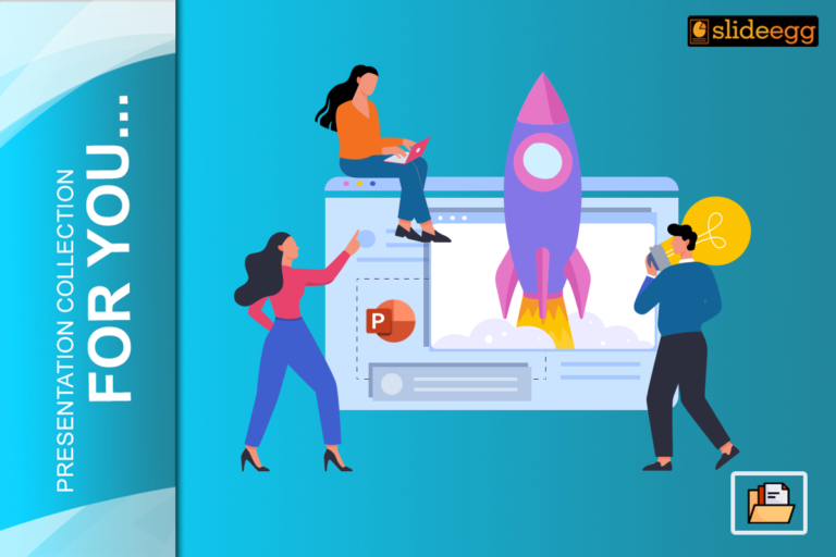 Illustration of a product launch presentation with a rocket, teamwork, and PowerPoint, symbolizing innovation and collaboration.