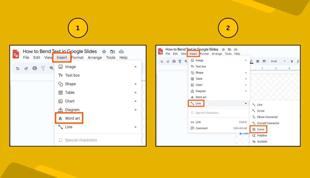 Insert Menu in Google Drawings. Wordart and Line sub menus are highlighted.