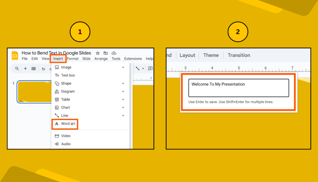 Insert > Word Art Menu in Google Slides