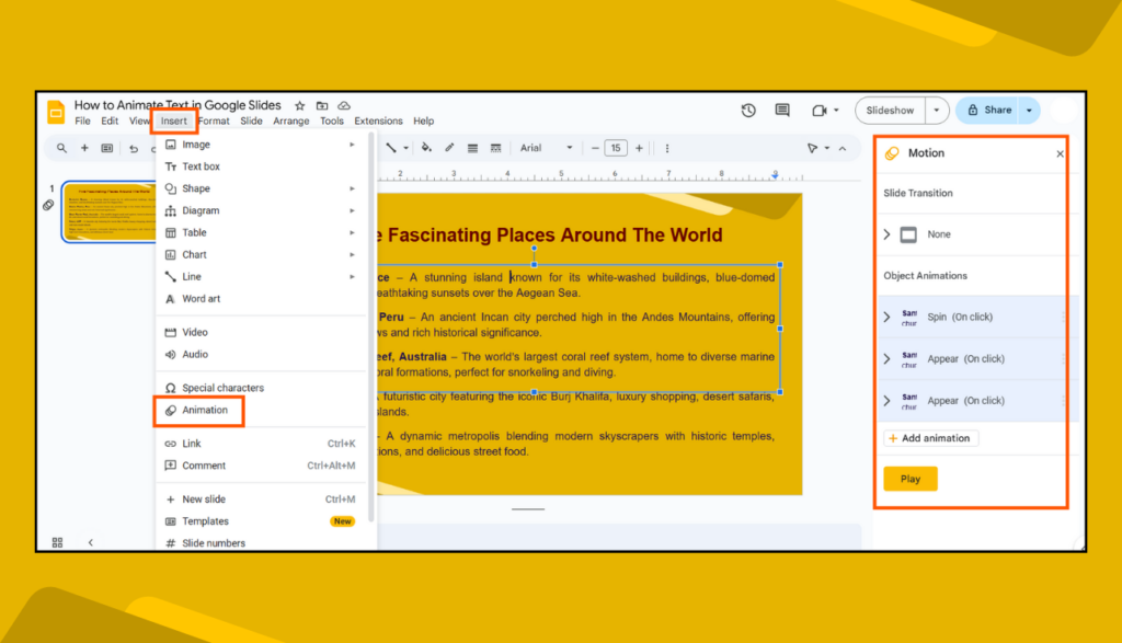 Insert > Animation Option & Motion Panel in Google Slides