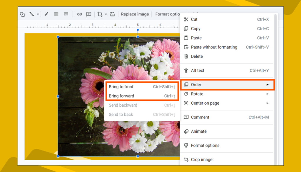 Google Slides context menu over flower image, showing Order>Bring to Front & Bring Forward options.