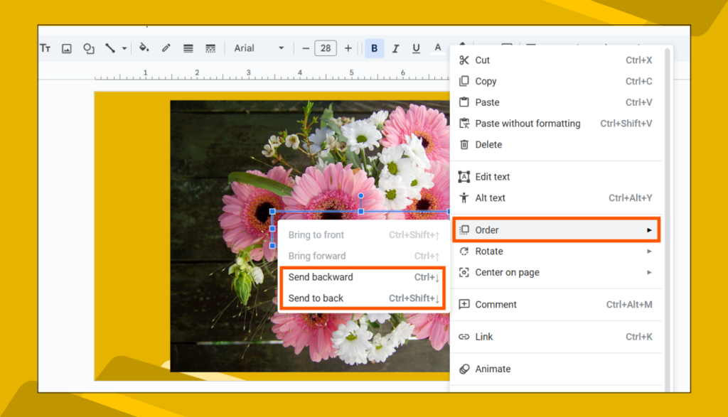 Google Slides context menu over flower image, showing Order>Send Backward & Send to Back options expanded.