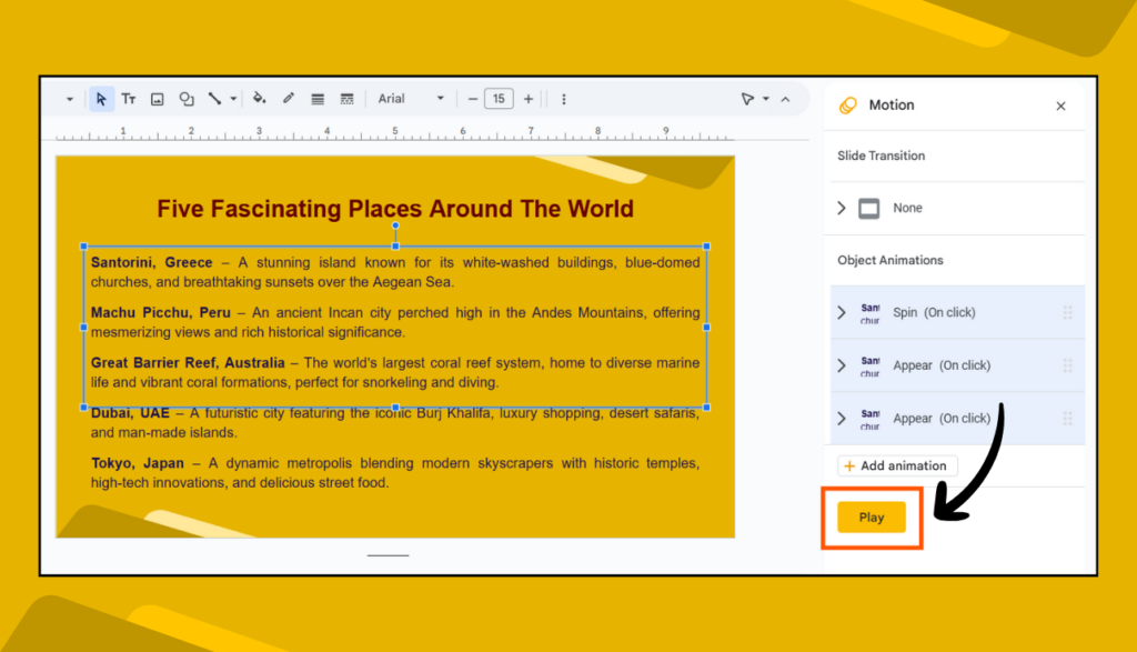 Play Button in the Motion Panel in Google Slides