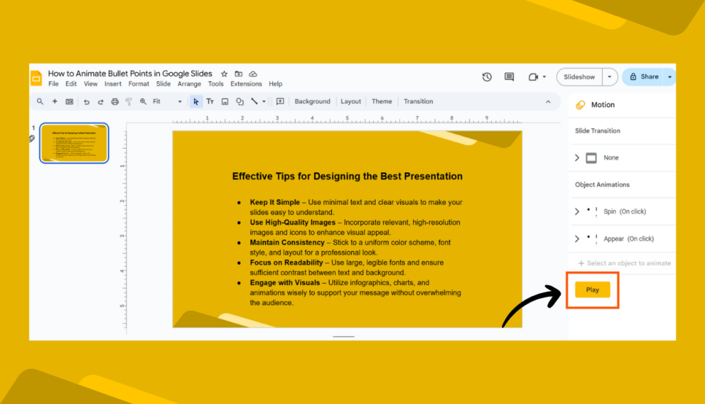 Preview Animation using the Play Button in Google Slides