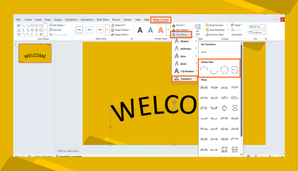 Shape Format > Text Effects Option in PowerPoint