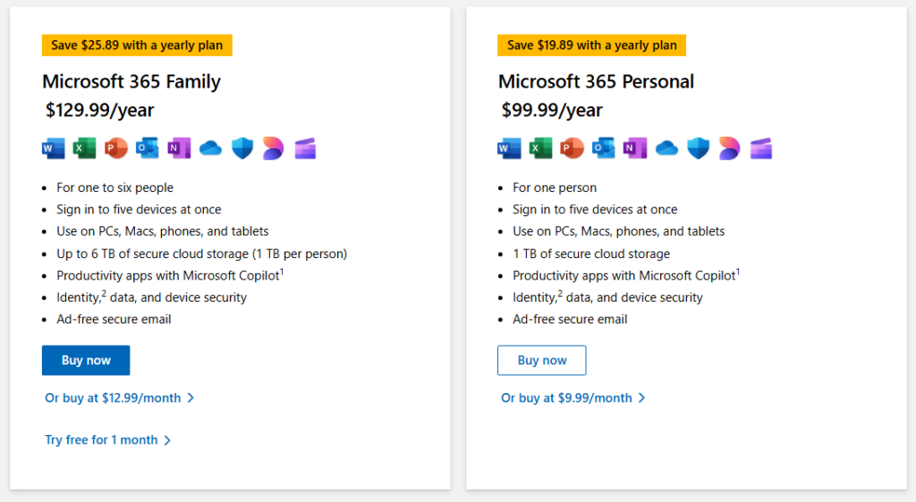 Microsoft 365 Family vs. Personal plans with comparison, pricing, storage, and Copilot features.