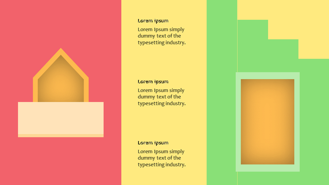 Minimalist abstract design with geometric shapes in red, yellow, and green, featuring text placeholders for content.