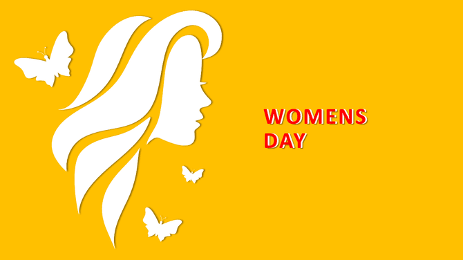 Silhouette of a woman's face with butterflies on a yellow background, highlighting Women's Day with bold red text.