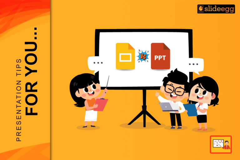 Cartoon-style illustration of three happy kids presenting a comparison between Google Slides and PowerPoint on a screen.