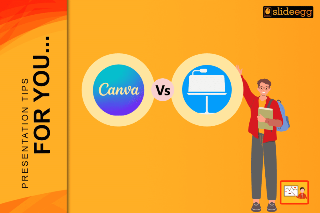 Canva vs. Apple Keynote comparison image with a student holding books, highlighting presentation tool choices.