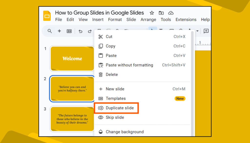 Duplicate Slide Option in Google Slides